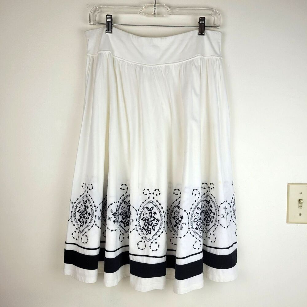 Talbots 100% cotton white flare skirt black embroidery elastic waist M boho - Picture 2 of 10